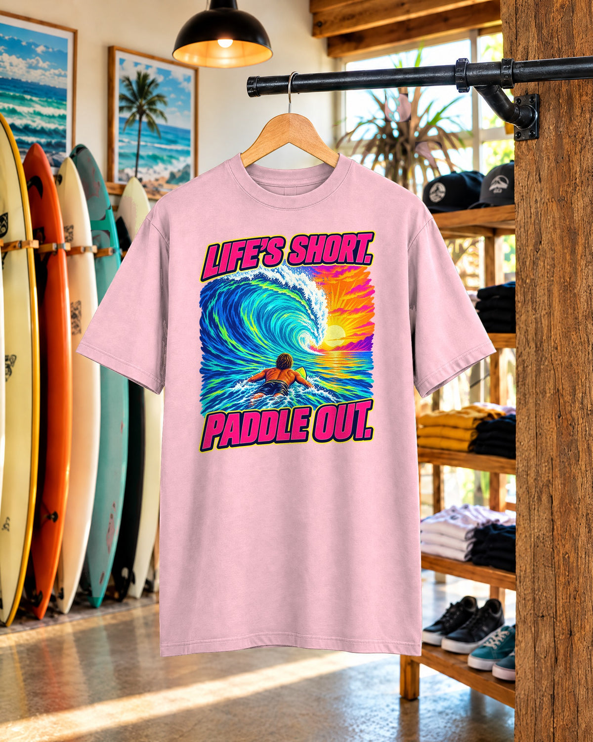 Life's Short Paddle Out Tee | Surf Motivation Shirt | Retro Surfboard T-Shirt | Comfort Colors