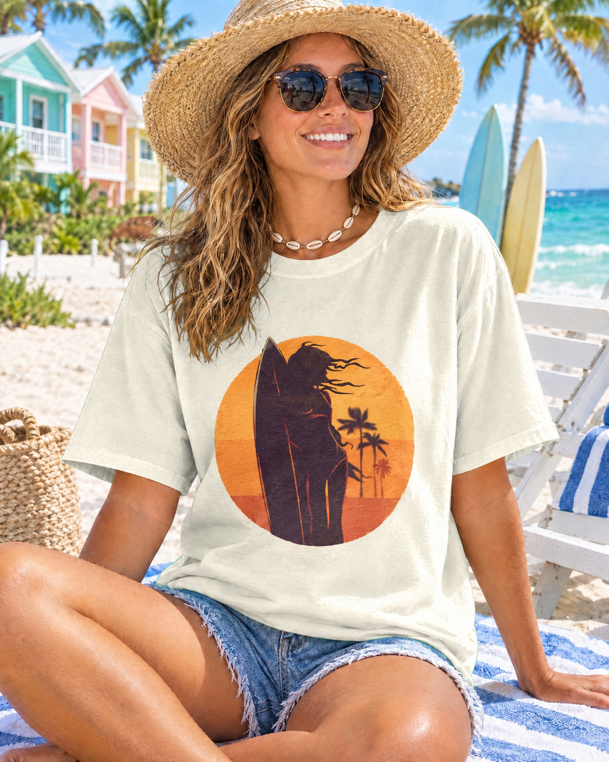 Sunset Surf Girl Tee | Retro Surfer Silhouette Shirt | Palm Tree Sunset Beach T-Shirt | Comfort Colors