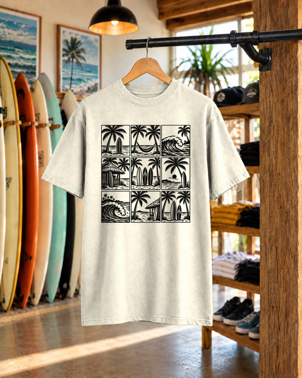 Woodcut Palm Grid Shirt | Tropical Surf Tiles Tee | Comfort Colors T-Shirt