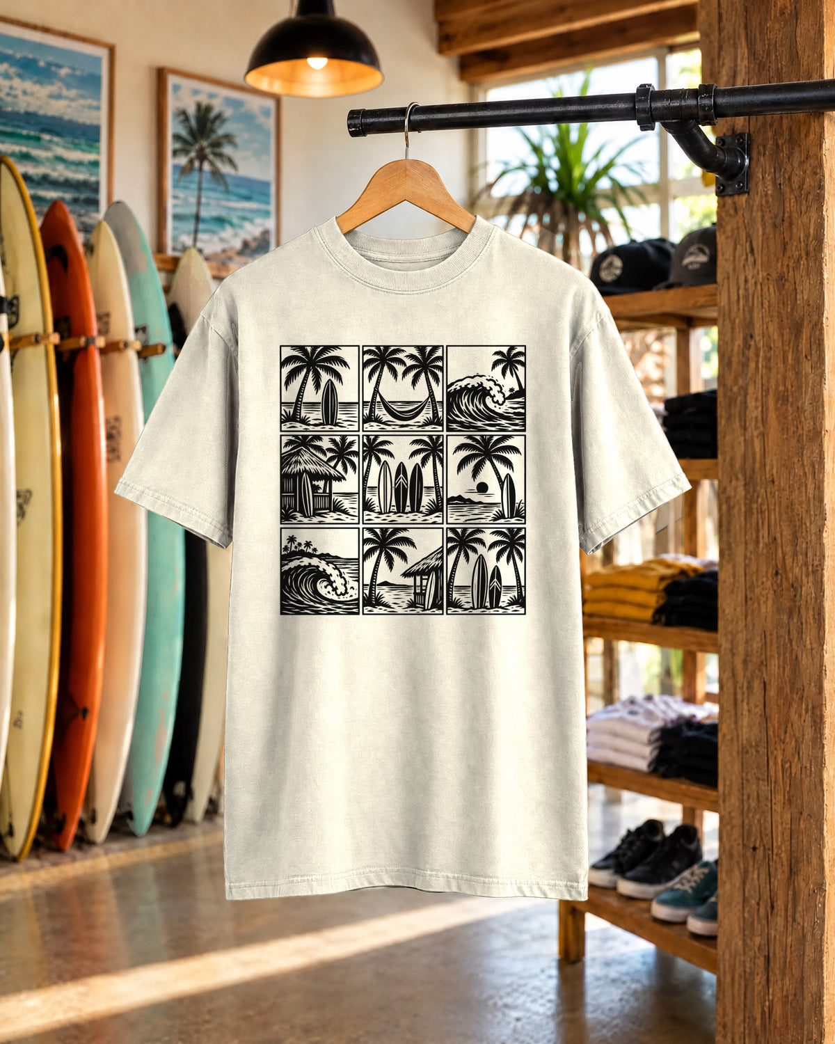 Woodcut Palm Grid Shirt | Tropical Surf Tiles Tee | Comfort Colors T-Shirt