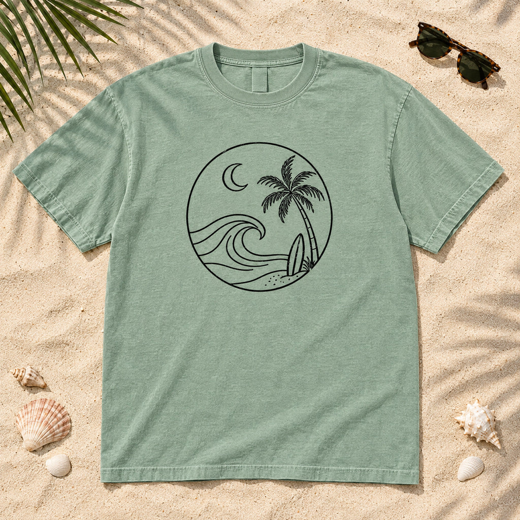 Moonlit Surf line art palm wave tee flat lay