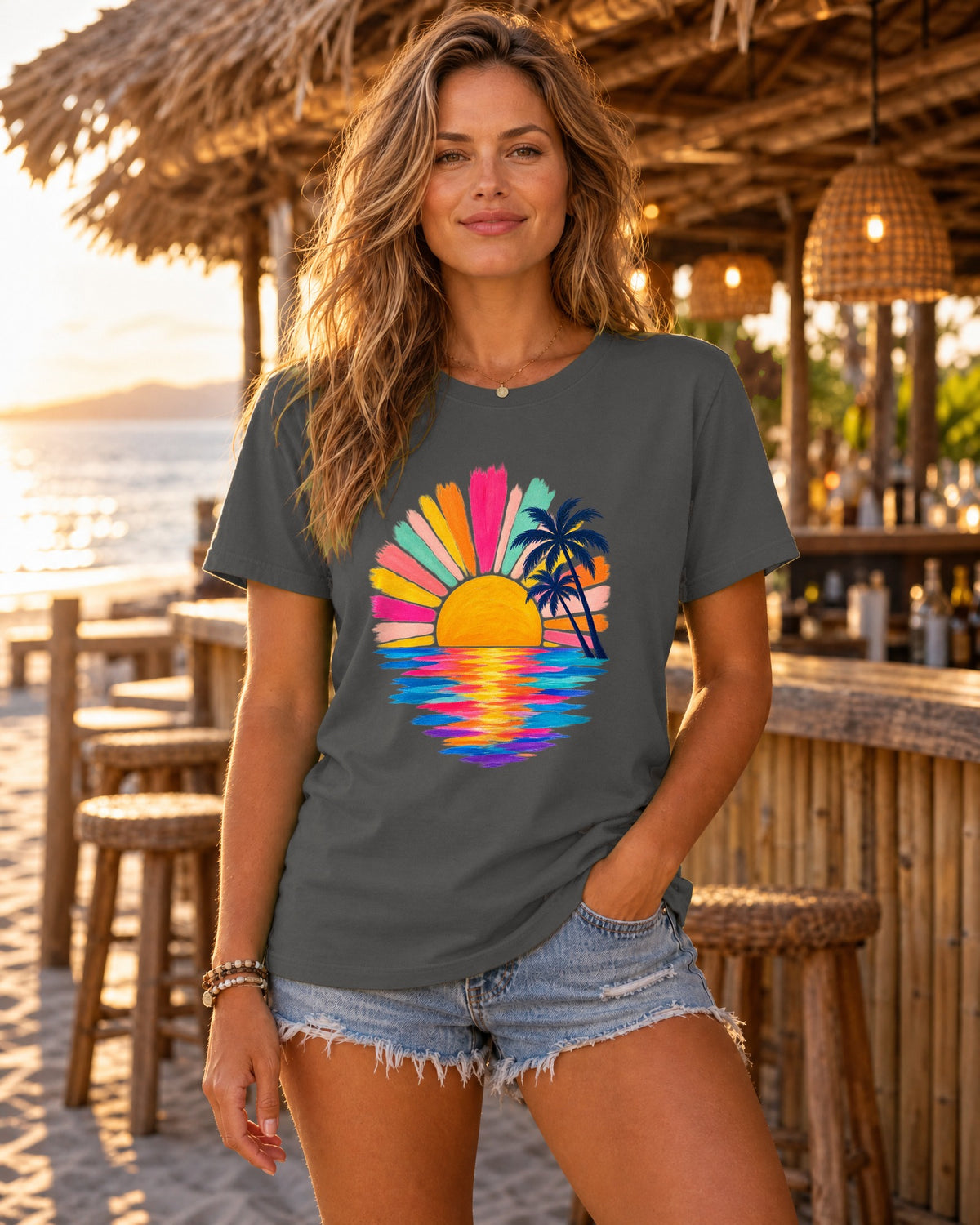 Pastel Sunrise Palm Shirt | Retro Sun Rays Beach Tee | Comfort Colors T-Shirt