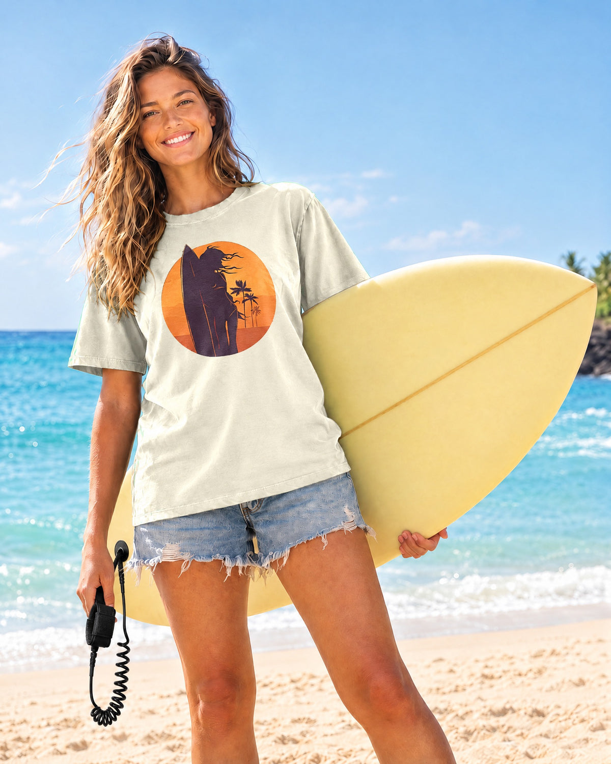 Sunset Surf Girl Tee | Retro Surfer Silhouette Shirt | Palm Tree Sunset Beach T-Shirt | Comfort Colors