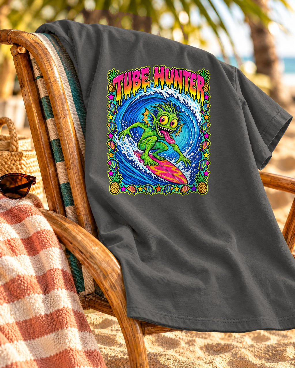 Tube Hunter Tee | 80s Comic Sea Monster Surf Shirt | Funny Barrel Wave T-Shirt | Comfort Colors