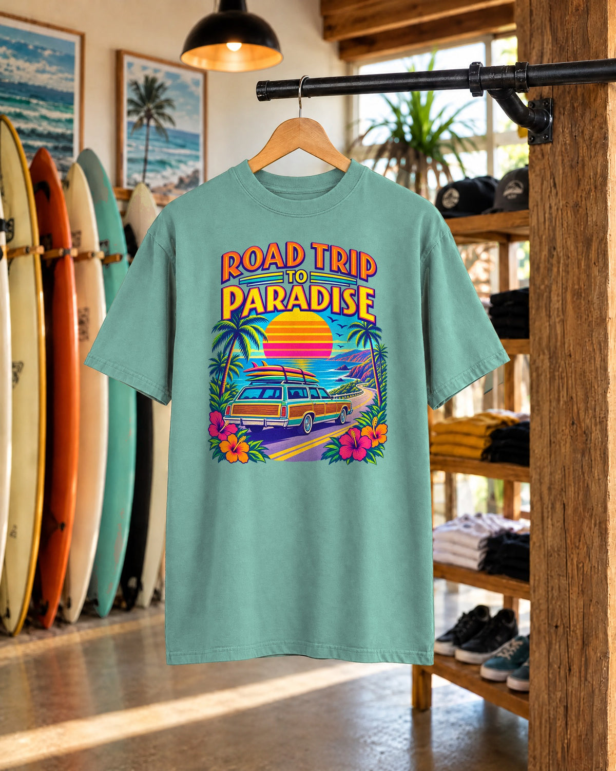 Road Trip To Paradise Tee | Retro Woodie Wagon Surf Shirt | Vintage Travel Poster T-Shirt | Comfort Colors