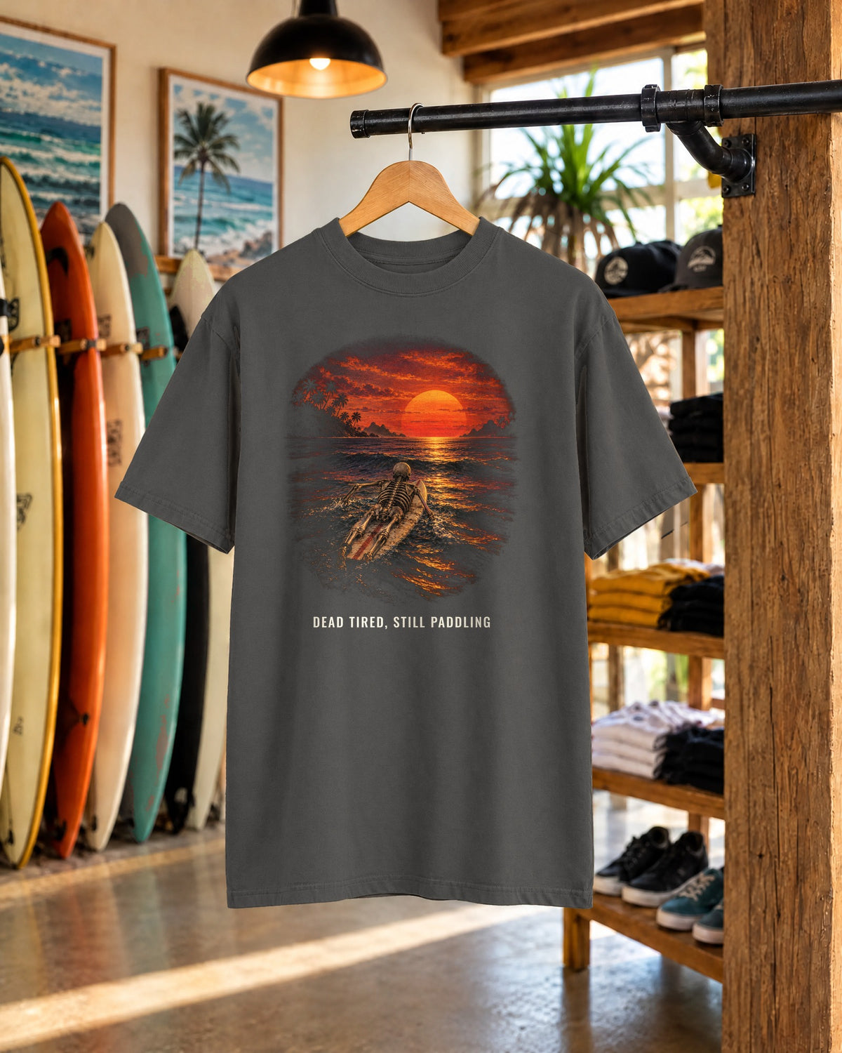 Dead Tired Still Paddling Shirt | Funny Skeleton Surfer Tee | Comfort Colors T-Shirt