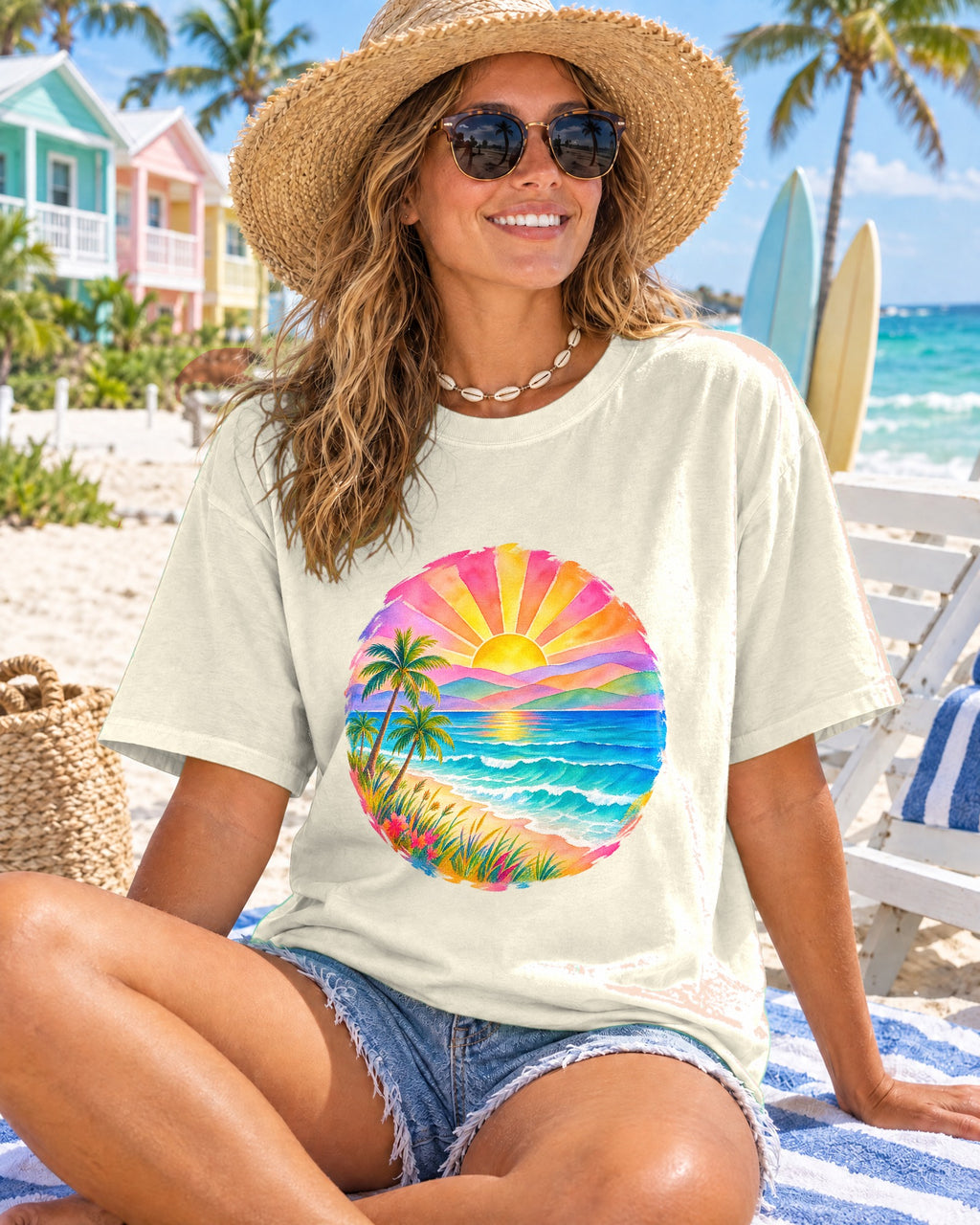 Pastel Coastal Badge Shirt | Watercolour Beach Sunset Tee | Comfort Colors T-Shirt