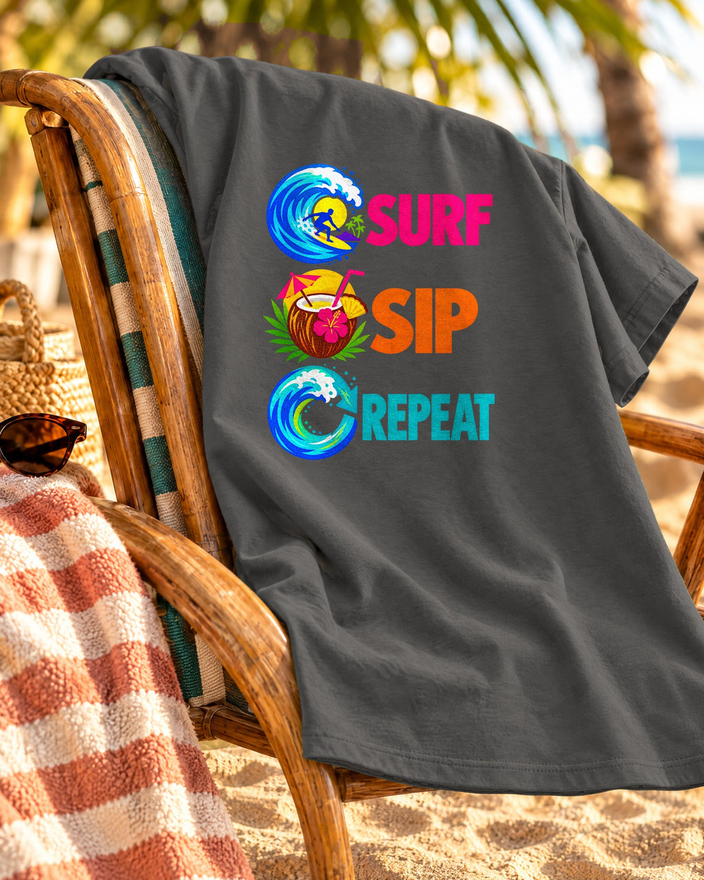 Surf Sip Repeat Tee | Surf & Cocktail Shirt | Funny Beach T-Shirt | Comfort Colors