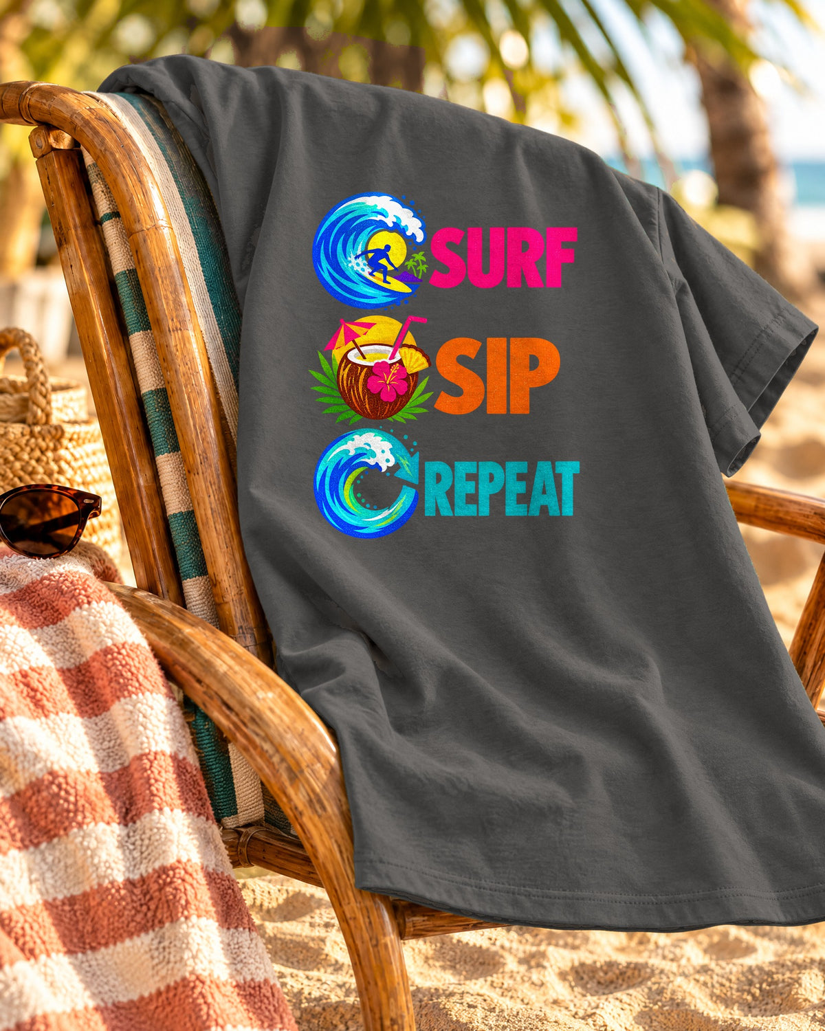 Surf Sip Repeat Tee | Surf & Cocktail Shirt | Funny Beach T-Shirt | Comfort Colors