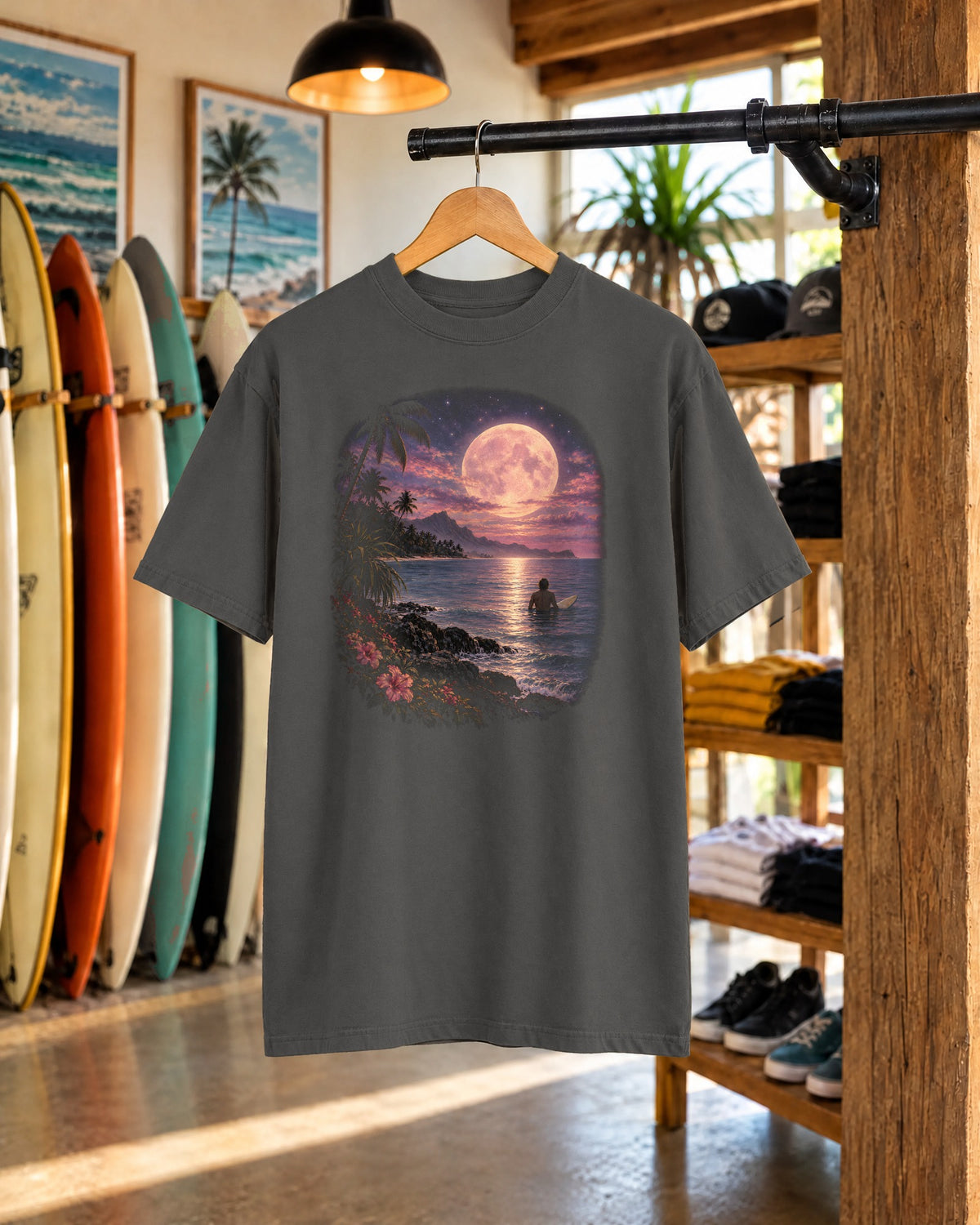 Pink Moon Paddle Shirt | Vintage Moonlight Surfer Tee | Comfort Colors T-Shirt