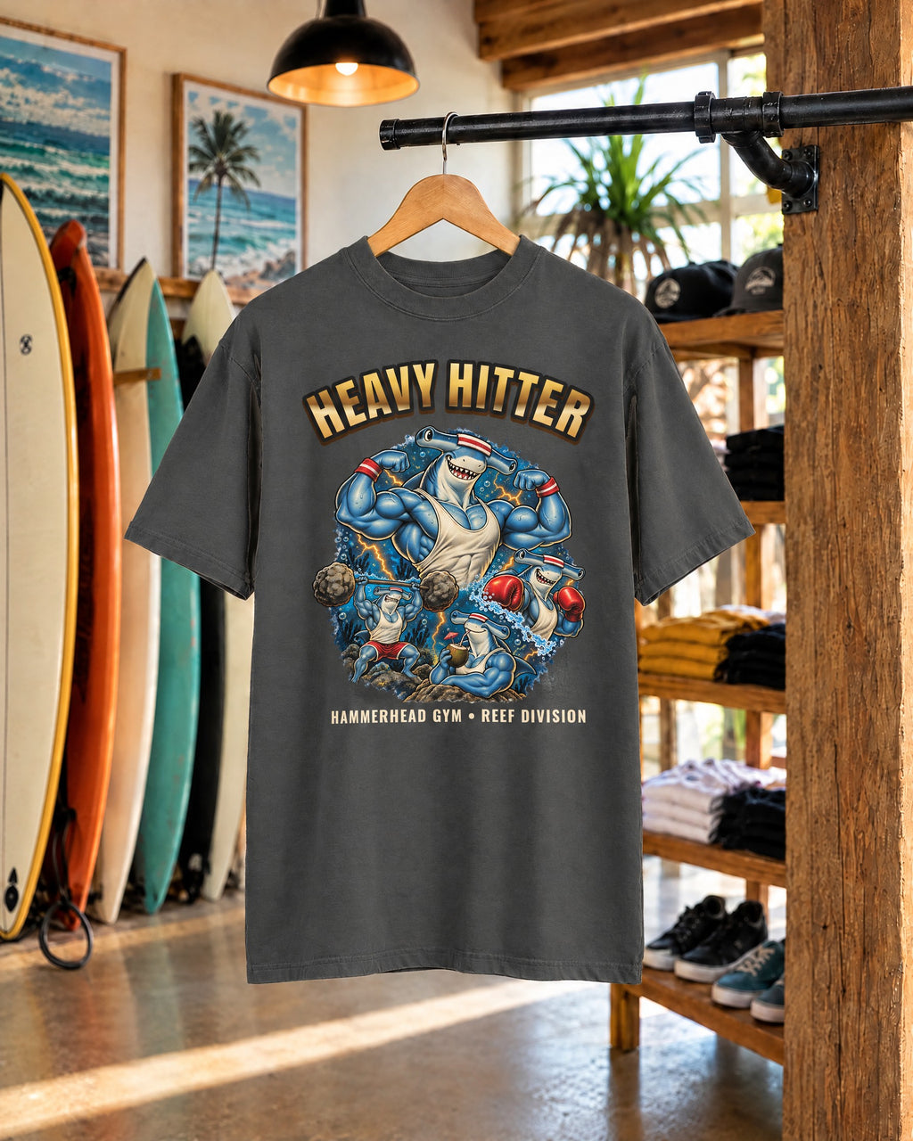 Hammerhead Gym Shirt | Heavy Hitter Shark Bootleg Tee | Comfort Colors T-Shirt