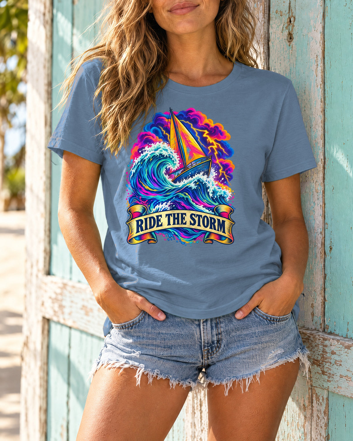Ride The Storm Tee | Sailboat Big Wave Shirt | Bold Ocean Art T-Shirt | Comfort Colors