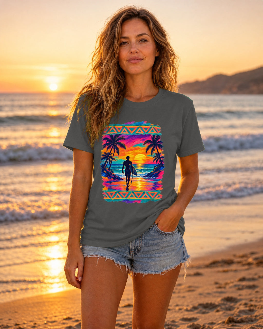 Surfer Walking To The Lineup Shirt | Tribal Sunset Surf Tee | Comfort Colors T-Shirt