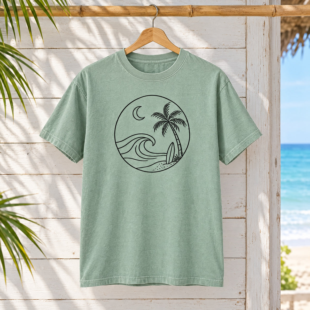 Moonlit Surf line art palm wave tee hanging