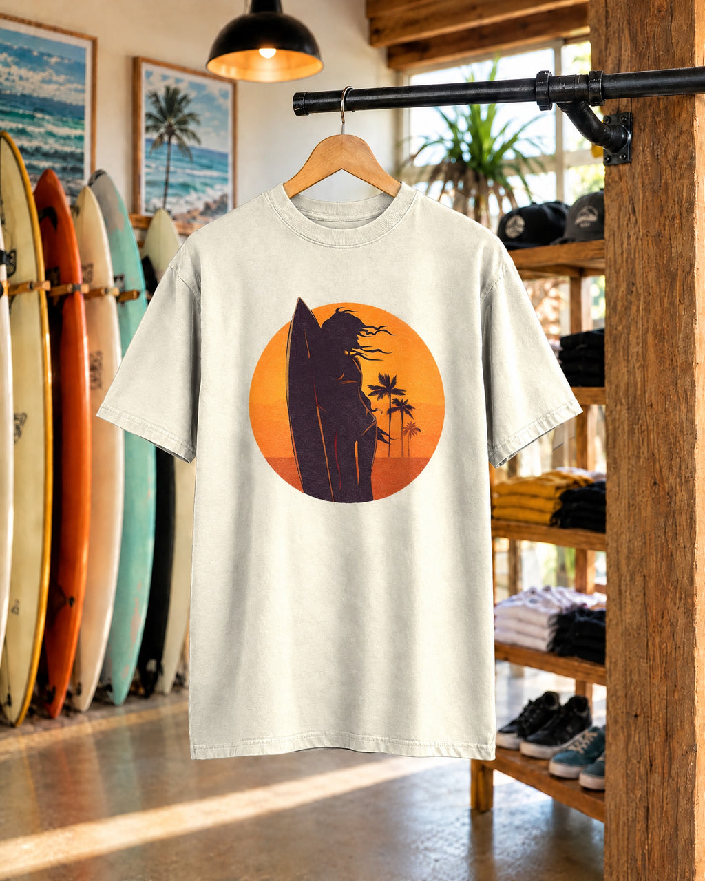 Sunset Surf Girl Tee | Retro Surfer Silhouette Shirt | Palm Tree Sunset Beach T-Shirt | Comfort Colors