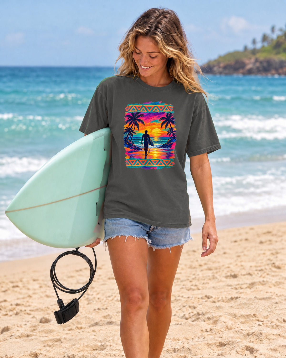 Surfer Walking To The Lineup Shirt | Tribal Sunset Surf Tee | Comfort Colors T-Shirt