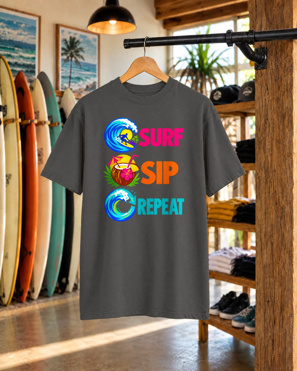 Surf Sip Repeat Tee | Surf & Cocktail Shirt | Funny Beach T-Shirt | Comfort Colors