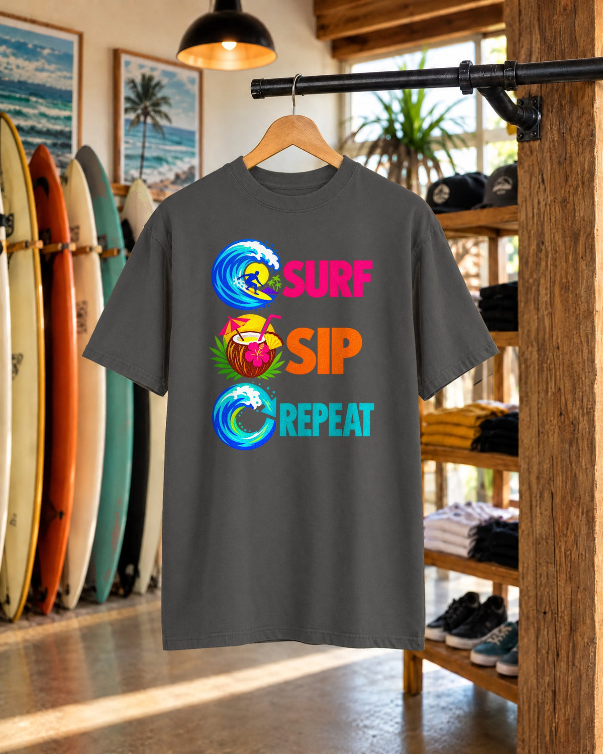 Surf Sip Repeat Tee | Surf & Cocktail Shirt | Funny Beach T-Shirt | Comfort Colors