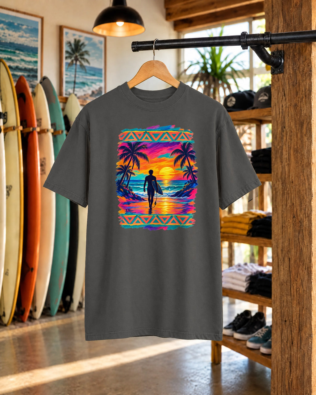 Surfer Walking To The Lineup Shirt | Tribal Sunset Surf Tee | Comfort Colors T-Shirt
