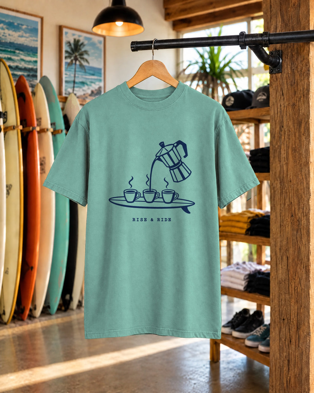 Rise And Ride Coffee Surf Shirt | Espresso Surfboard Tee | Comfort Colors T-Shirt