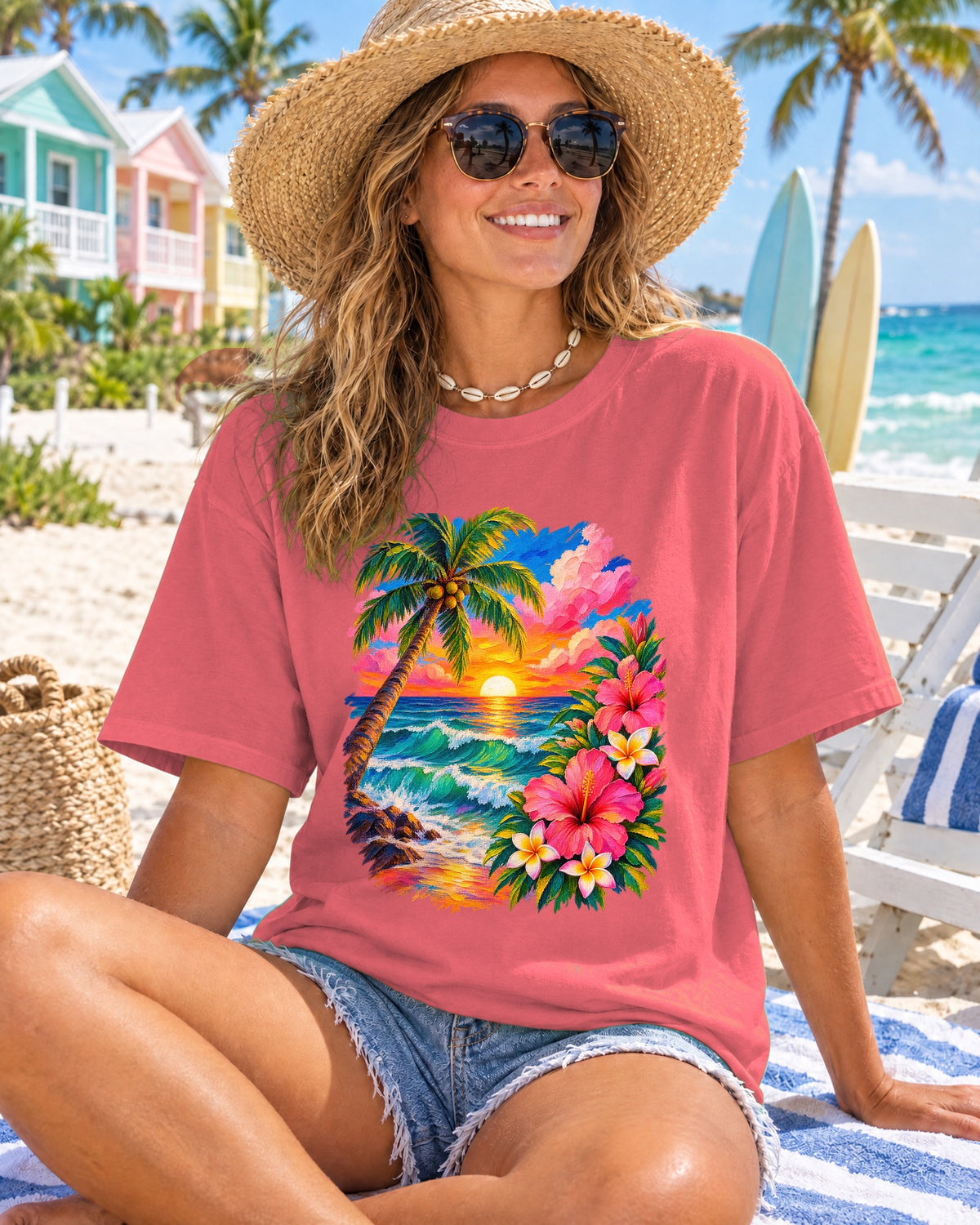 Hibiscus Sunset Ocean Shirt | Painted Tropical Seascape Tee | Comfort Colors T-Shirt
