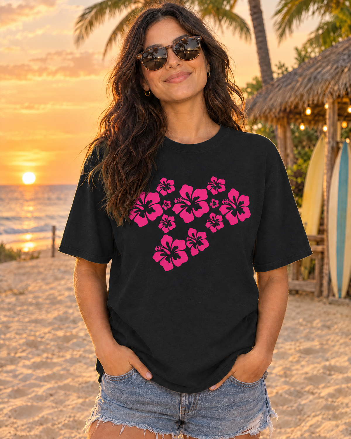 Pink hibiscus cluster tee - Comfort Colors mockup 2