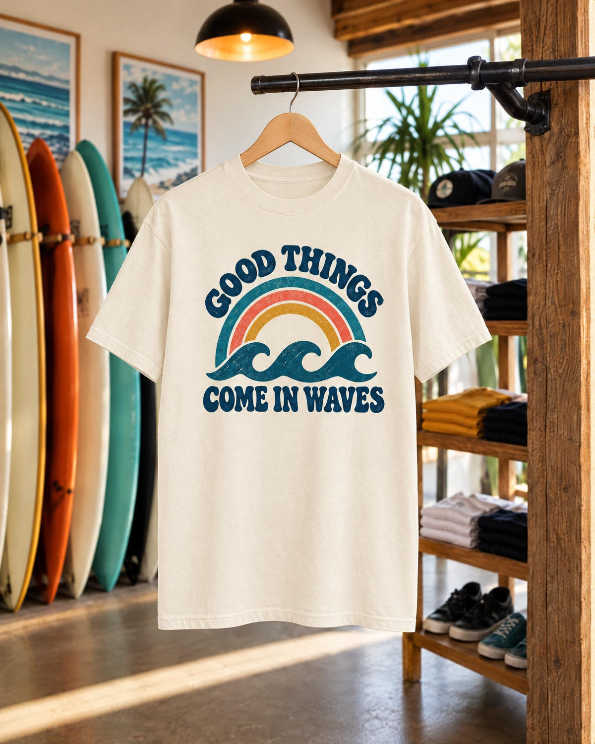 Good Things Come In Waves tee mockup on a hanger