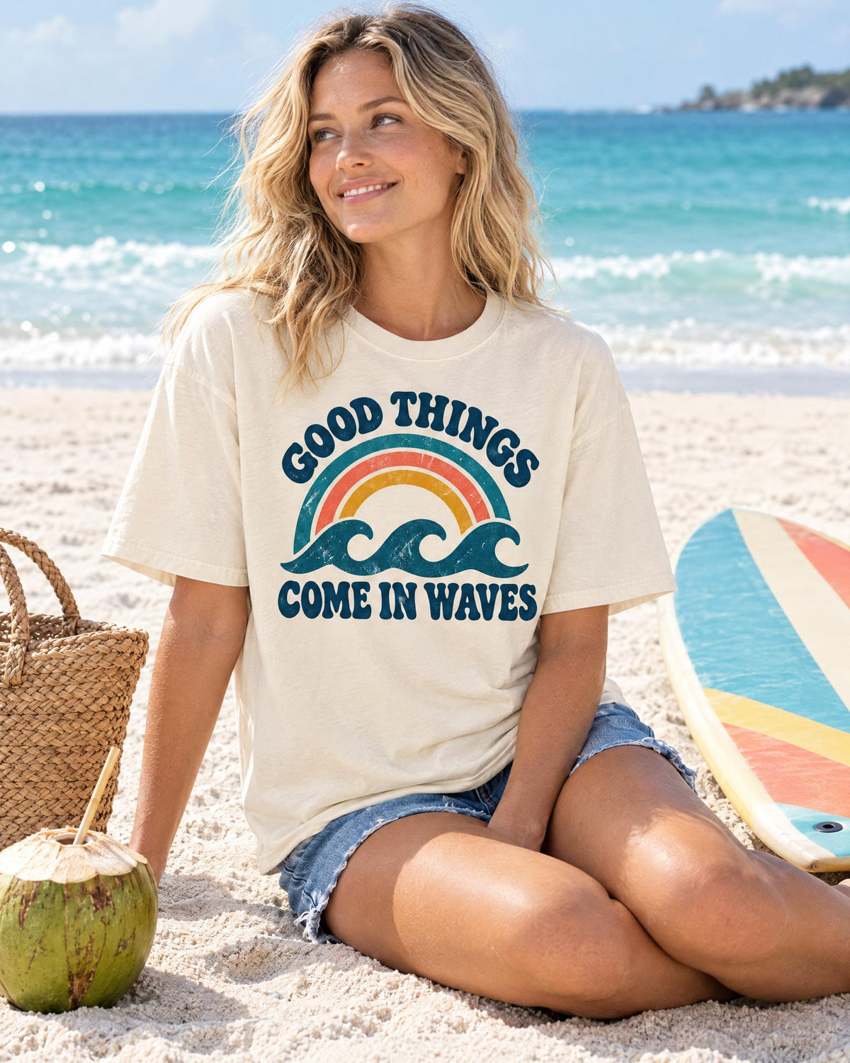 Good Things Come In Waves tee worn at the beach