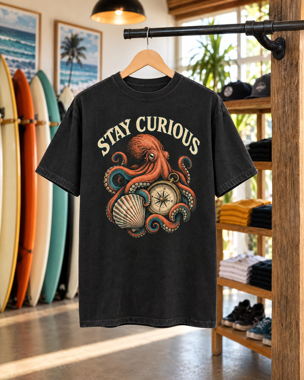 Stay Curious Octopus tee mockup on a hanger