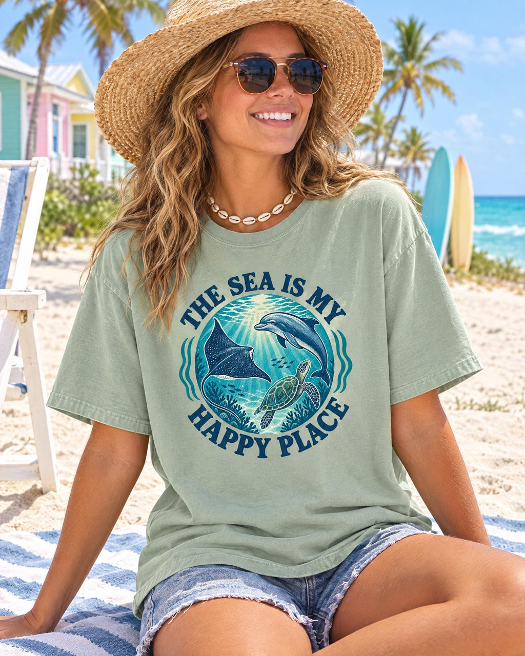 The Sea Is My Happy Place tee worn at the beach