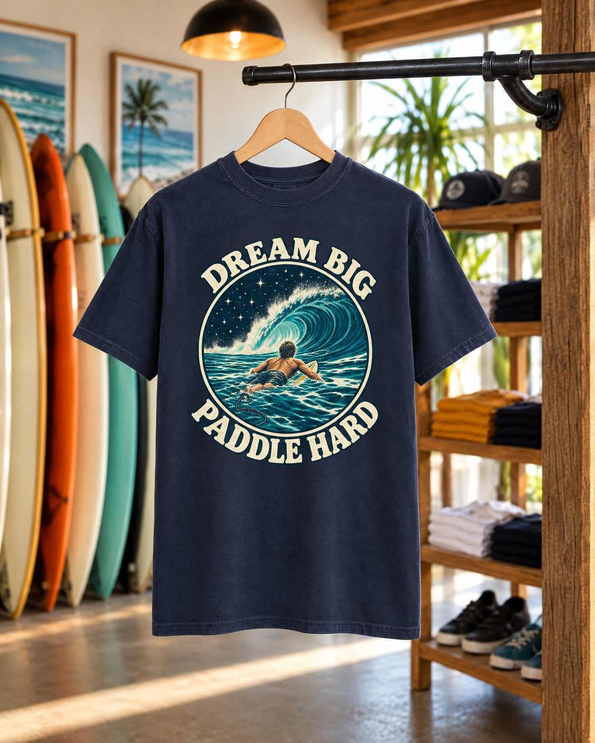 Dream Big Paddle Hard tee mockup on a hanger