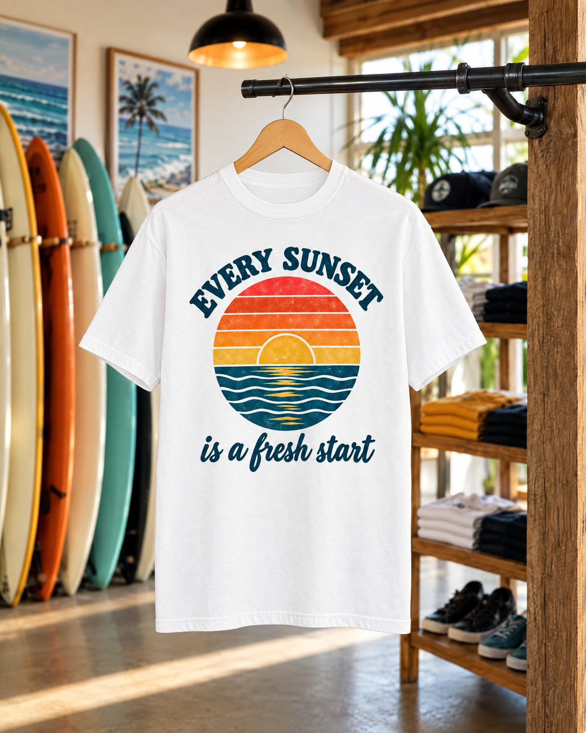 Every Sunset Is A Fresh Start tee mockup on a hanger