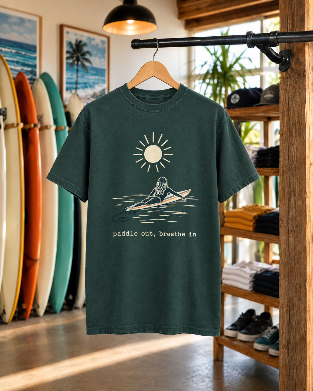 Paddle Out Breathe In tee mockup on a hanger