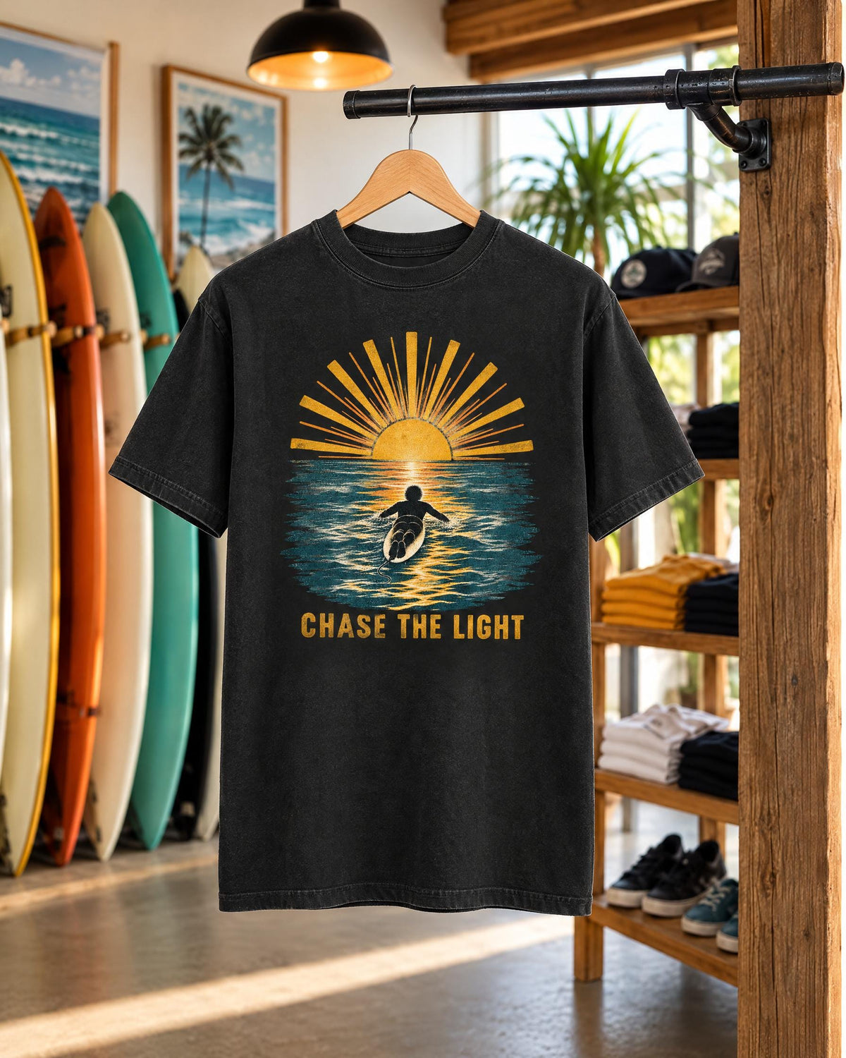 Chase The Light tee mockup on a hanger