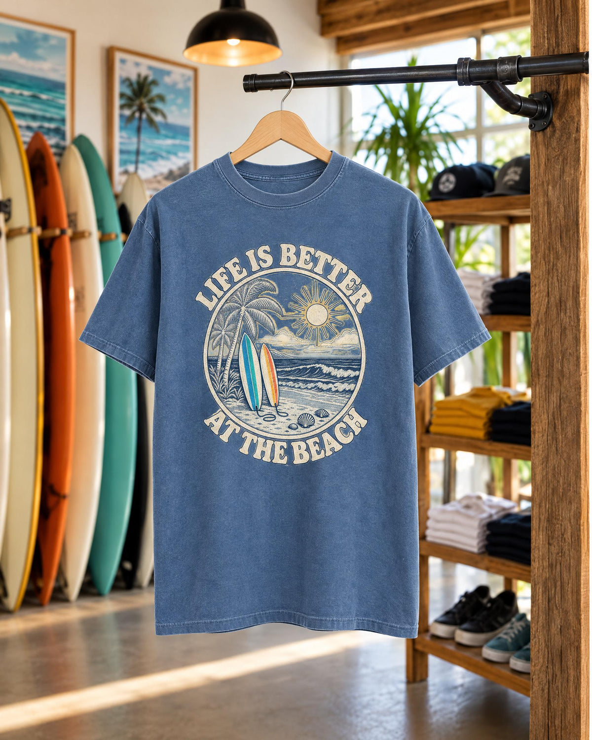Life Is Better At The Beach tee mockup on a hanger