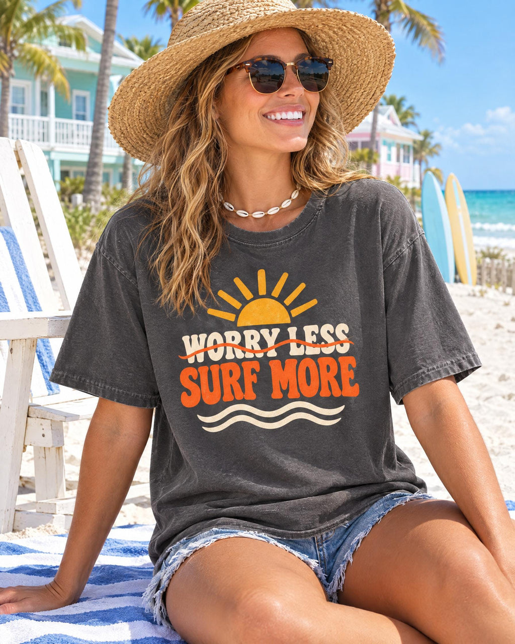 Worry Less Surf More tee worn at the beach
