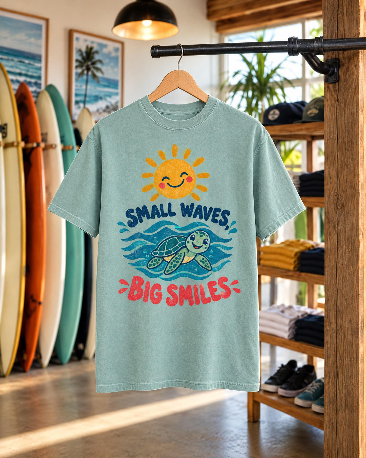 Small Waves Big Smiles tee mockup on a hanger