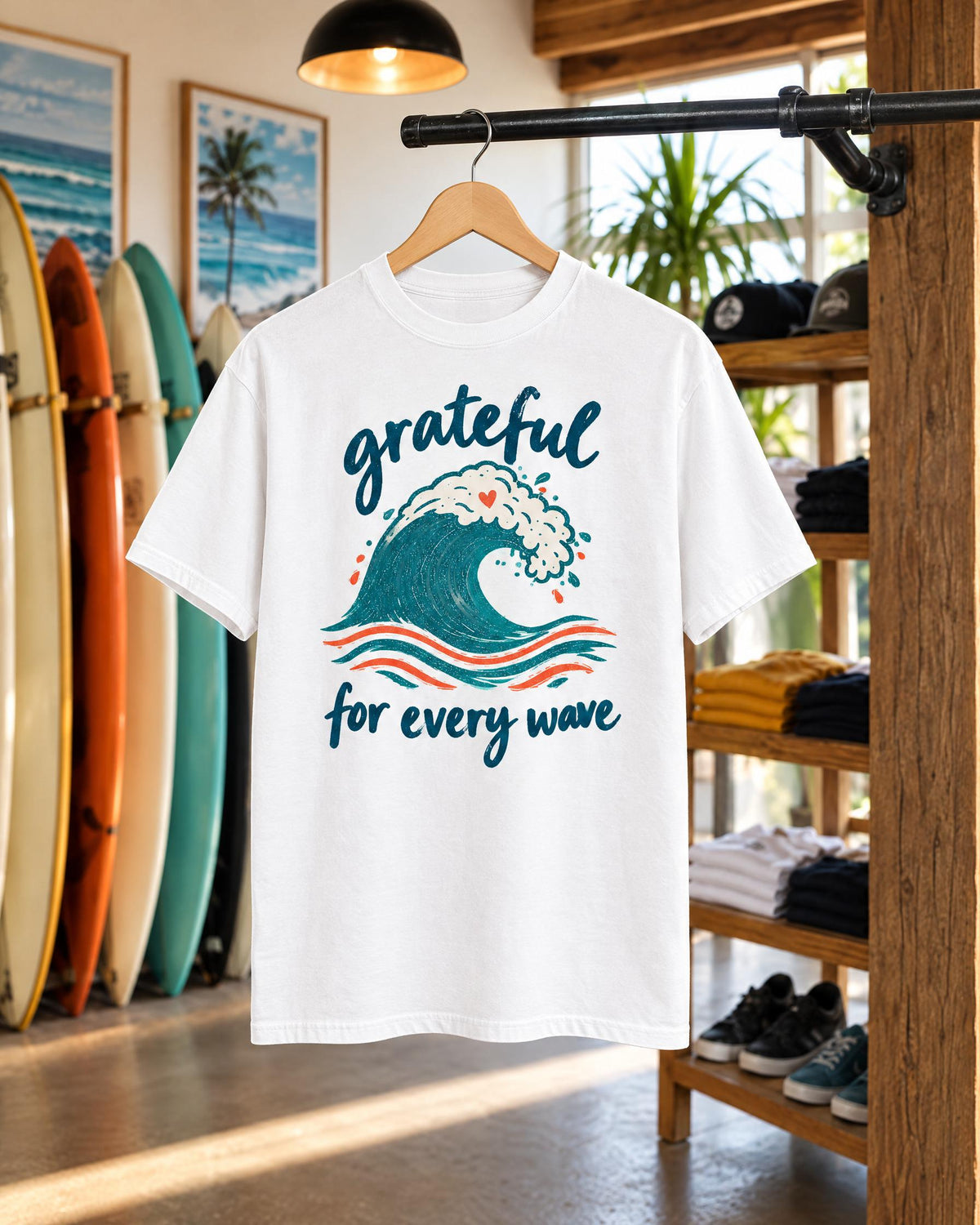 Grateful For Every Wave tee mockup on a hanger