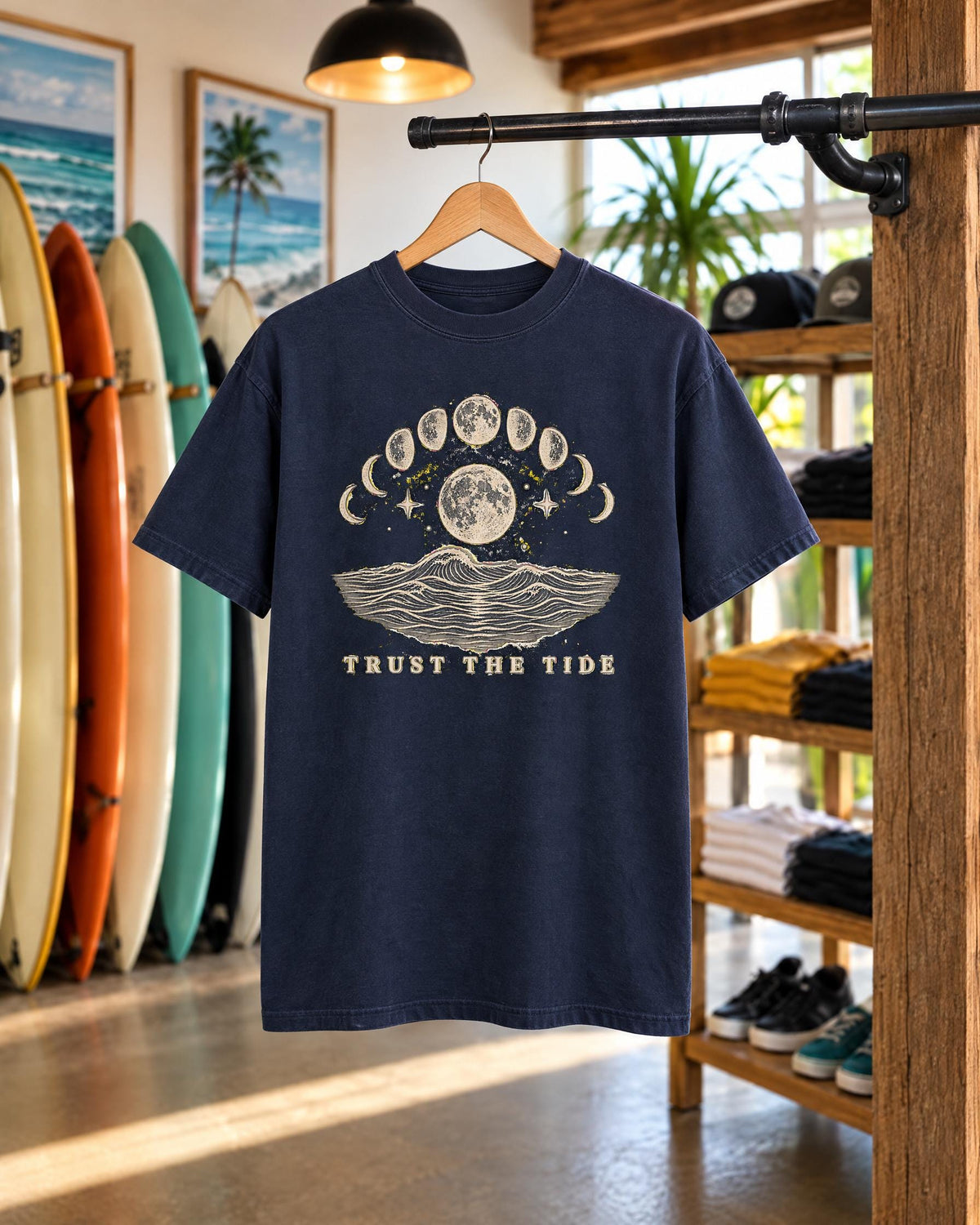 Trust The Tide tee mockup on a hanger