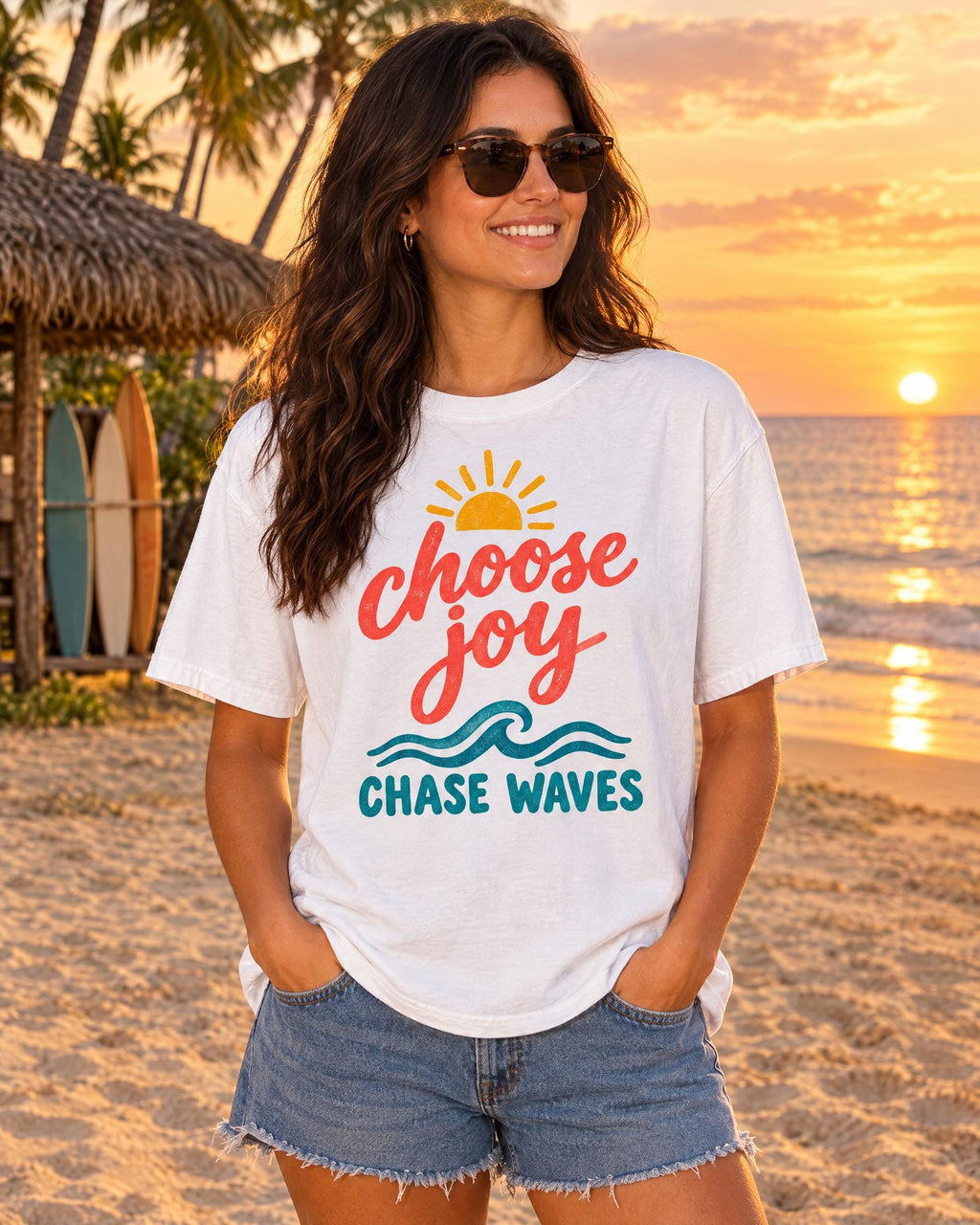 Choose Joy Chase Waves tee worn at the beach