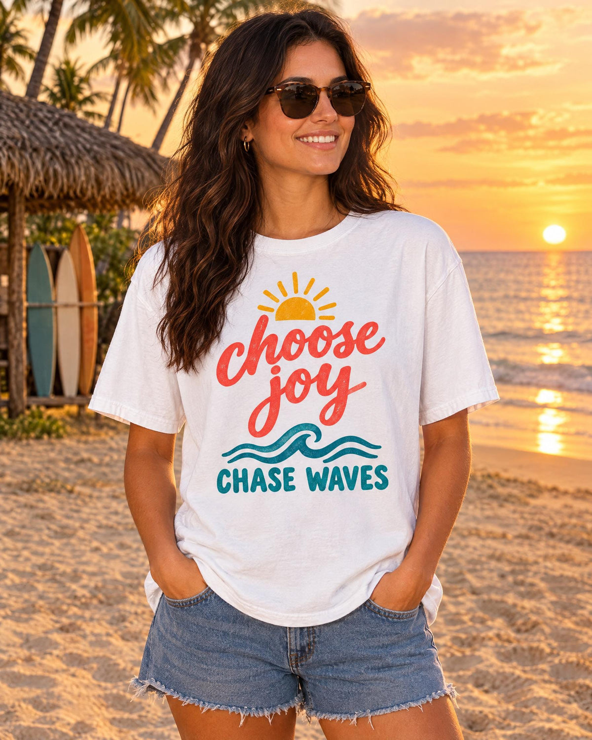 Choose Joy Chase Waves tee worn at the beach