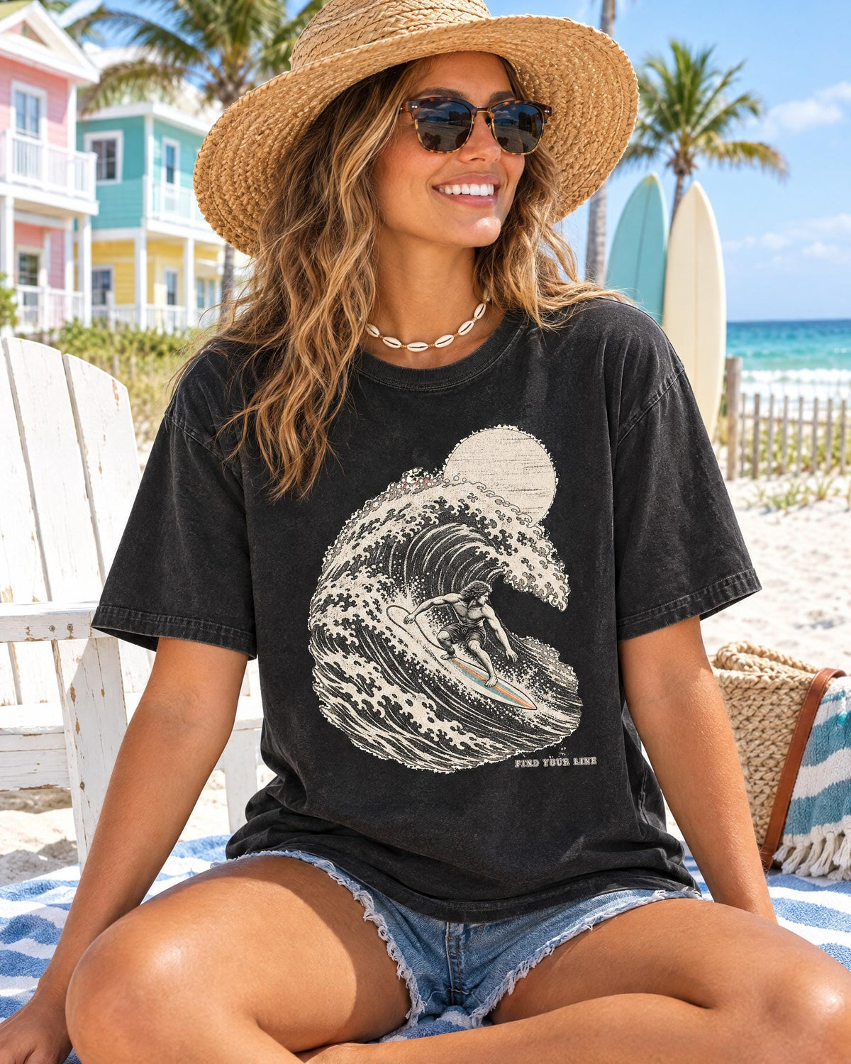 Find Your Line tee worn at the beach