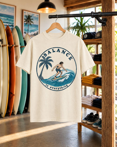 Balance Is Everything tee mockup on a hanger