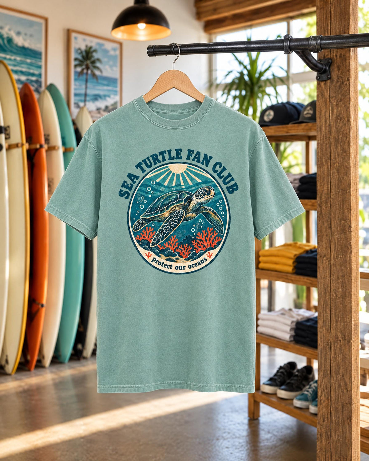 Sea Turtle Fan Club tee mockup on a hanger