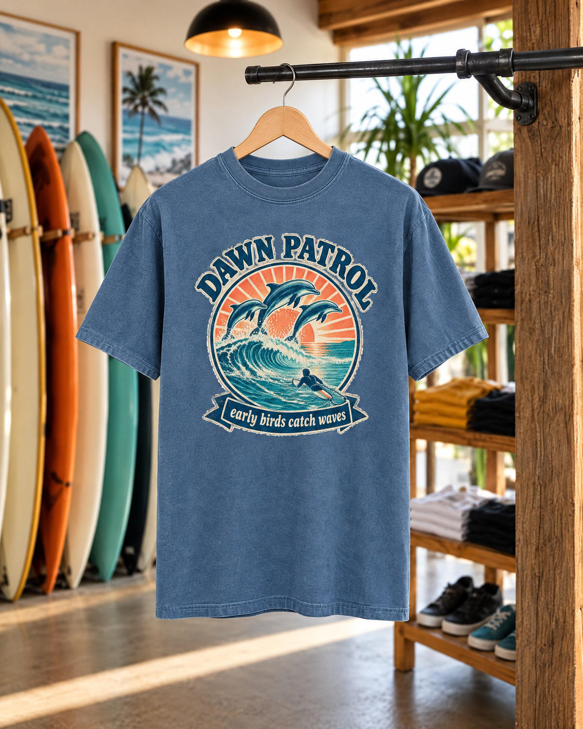 Dawn Patrol Dolphins tee mockup on a hanger