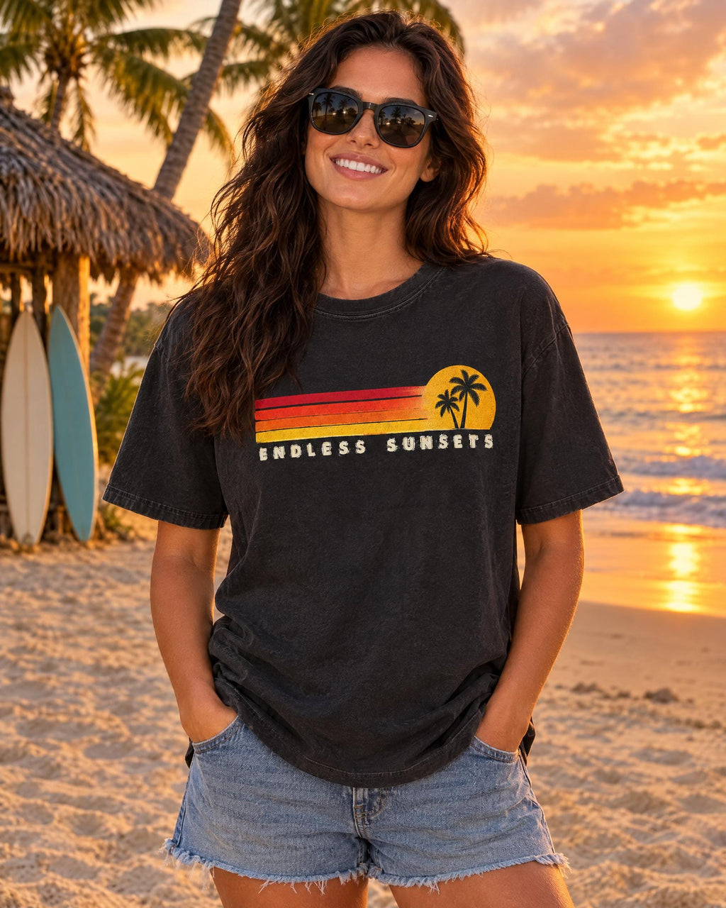 Endless Sunsets tee worn at the beach