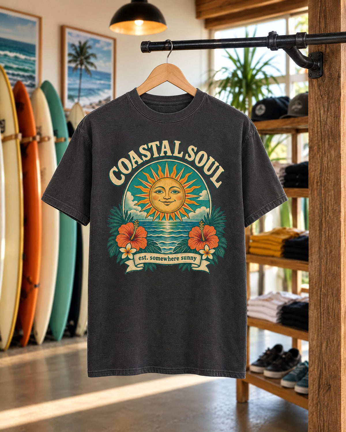Coastal Soul Sun Face tee mockup on a hanger