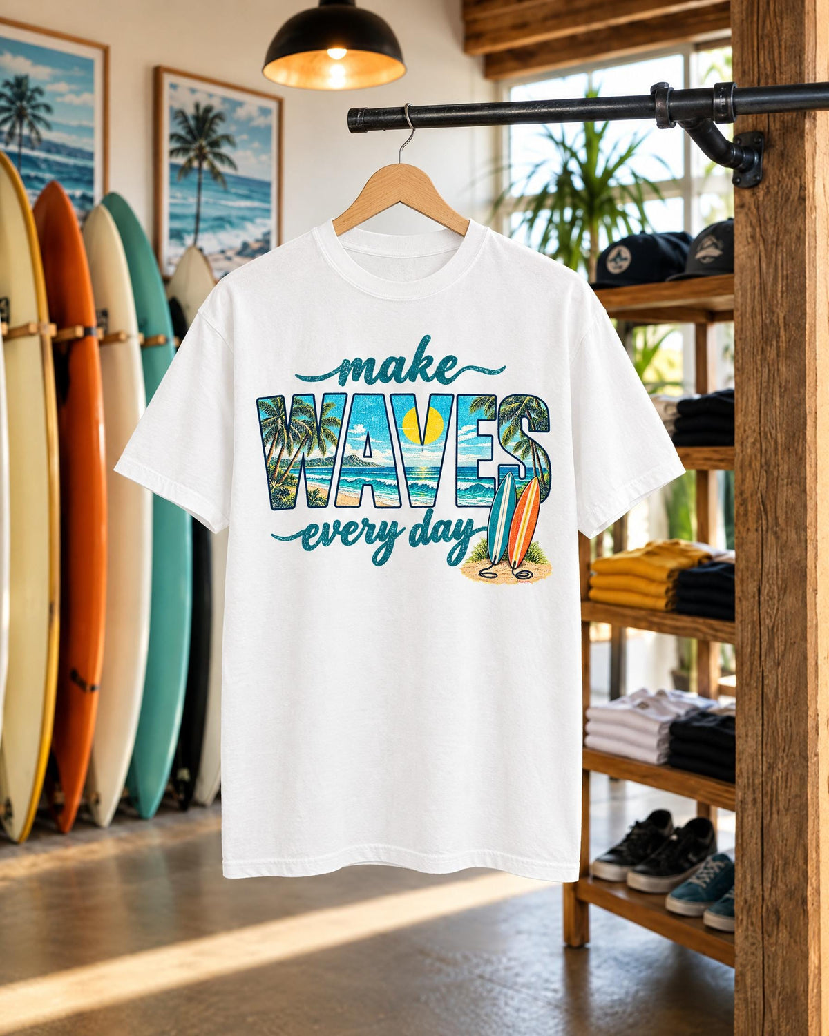Make Waves Every Day tee mockup on a hanger