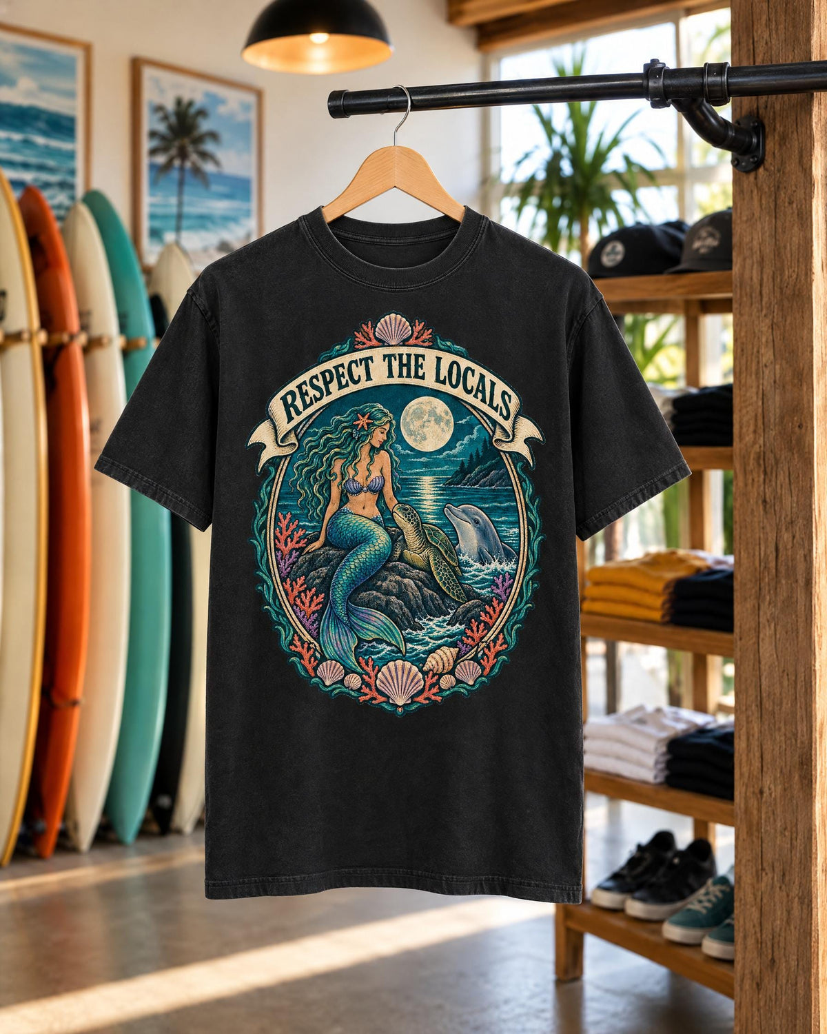 Respect The Locals Mermaid tee mockup on a hanger