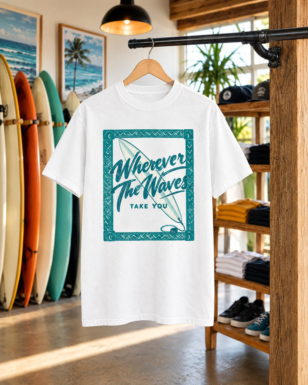 Wherever The Waves Take You tee mockup on a hanger